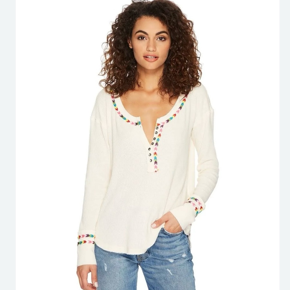 Free People Henley with rainbow embroidery